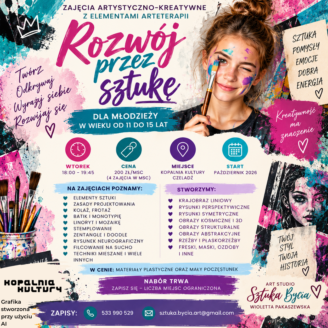 plakat wygenerowany za pomocą AI, promujący zajęcia plastyczne